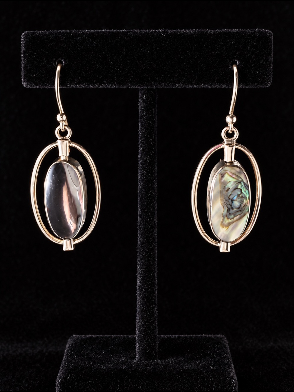 Mexican Silver Abalone and Onyx Oval Drop Earrings